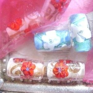 2 Vintage Floral Czech Handmade Glass Lampwork Beads Red Orange Beige Flowers